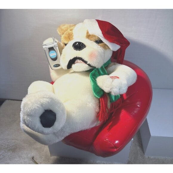 Holiday Bulldog Plush Singing In Chair Santa Hat Holding Flip Phone Christmas - Picture 1 of 11
